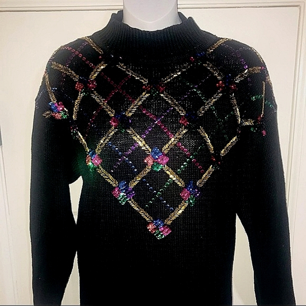 Celina Yang Bead & Sequin Hi-Neck Pullover Sweater M